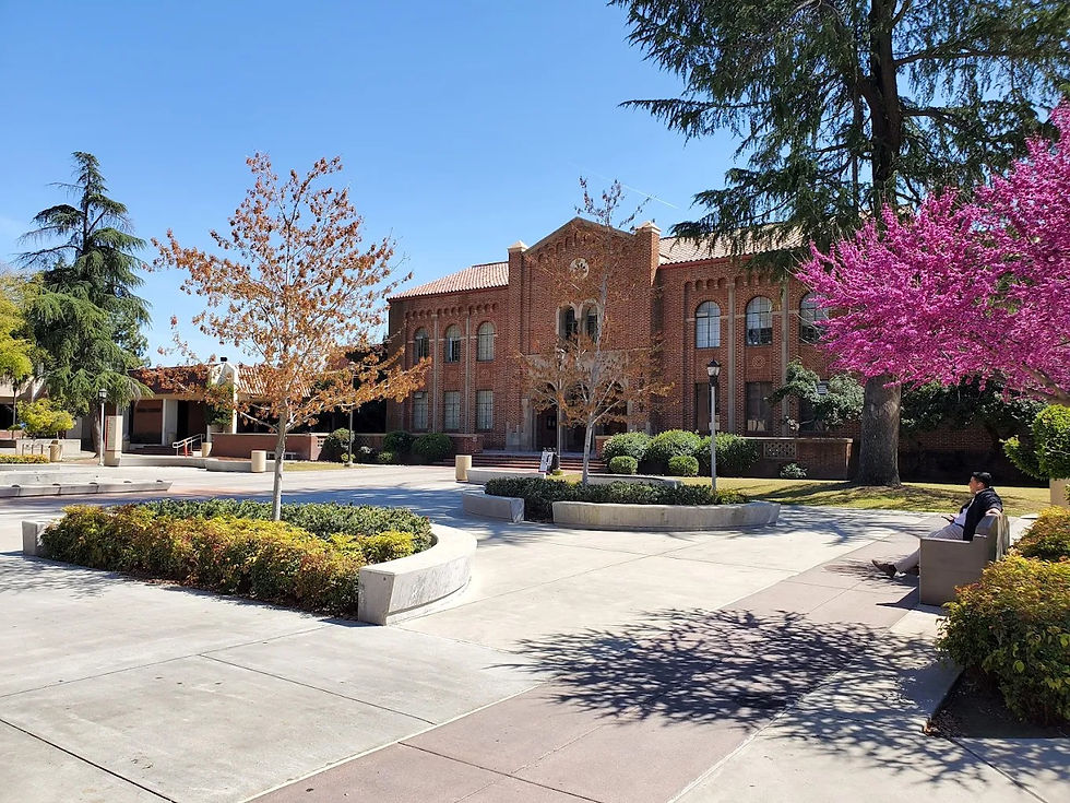 Center courtyard at Fresno City College under blue skies