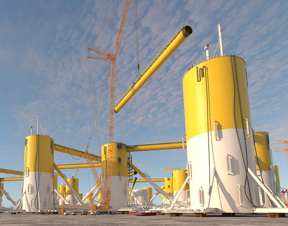 Three legs of a FOSW foundation being connected with the help of a large crane.