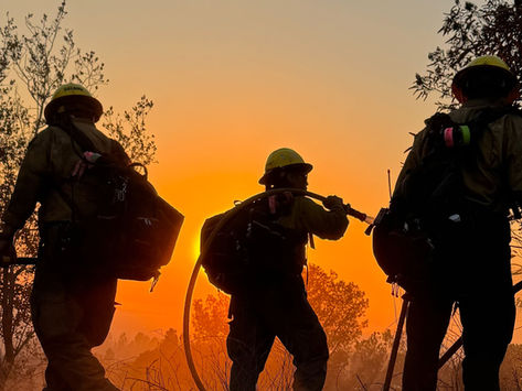 Three firefighters silhouetted against burning sky