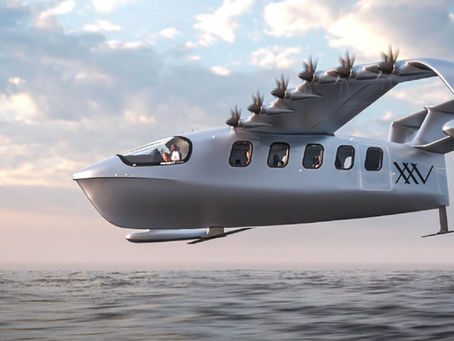 Artist concept of XXV-branded Seaglider flying low over the ocean on a cushion of air.