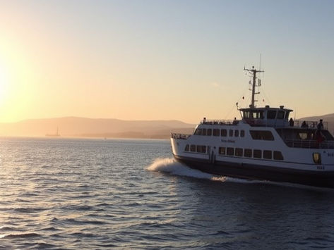 Ferry sailing on calm water at sunset, creating sunlit waves. Mountains and distant vessels in the background set a serene mood.