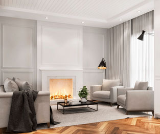 white living room with built in paneling and fireplace and nearly floor to ceiling windows