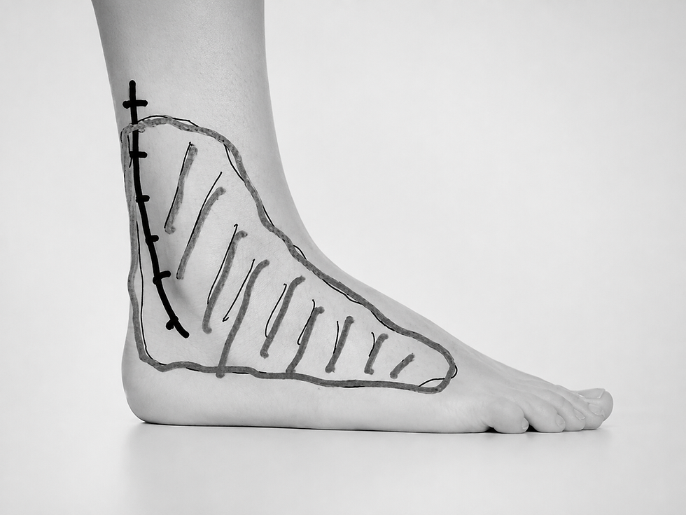 Surgical markings on a foot and ankle for nerve surgery.