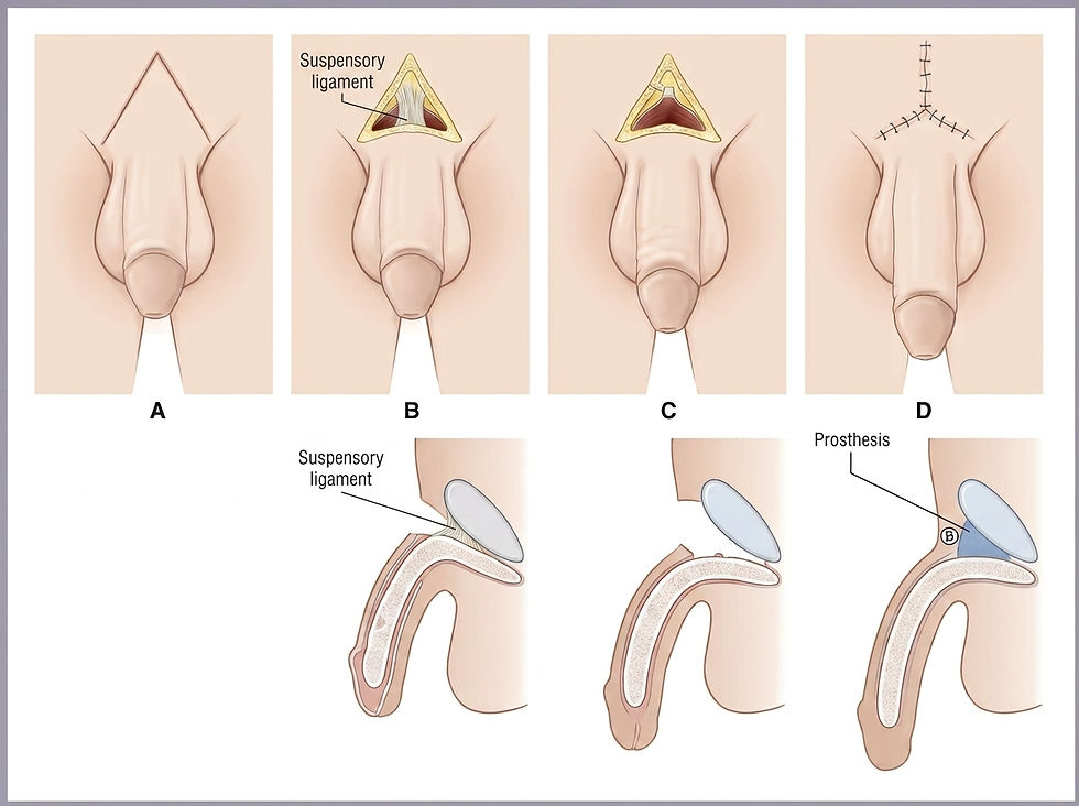 Diagram of penile lengthening steps and ligament release.