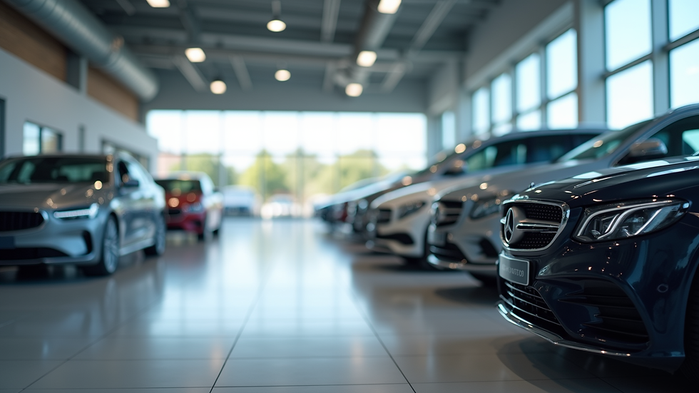 Close-up view of a modern car dealership showcasing various vehicles