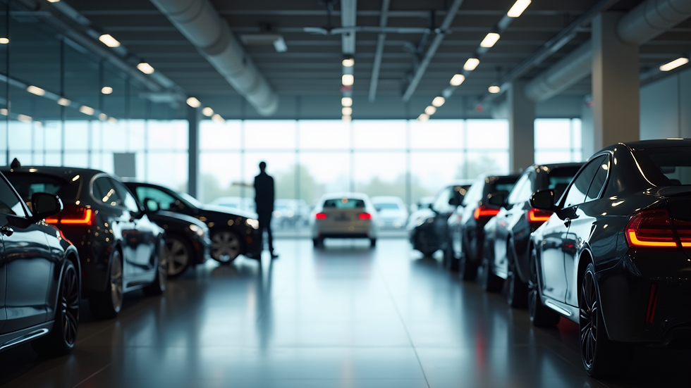 Eye-level view of a modern car showroom with various vehicles