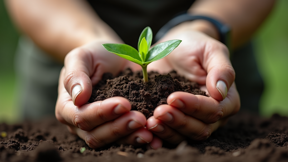 Close-up view of hands holding a small plant growing in soil