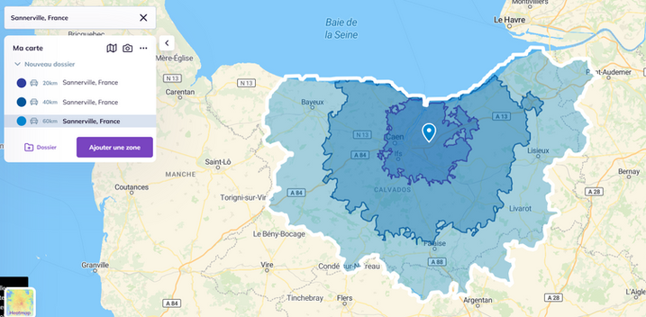 zones de déplacements (par rayons de 20km autour de Sannerville)
