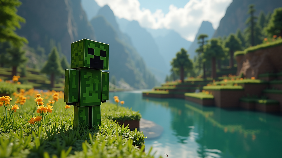 Geniş açılı görünümde Minecraft dünyasında takas yapma anı