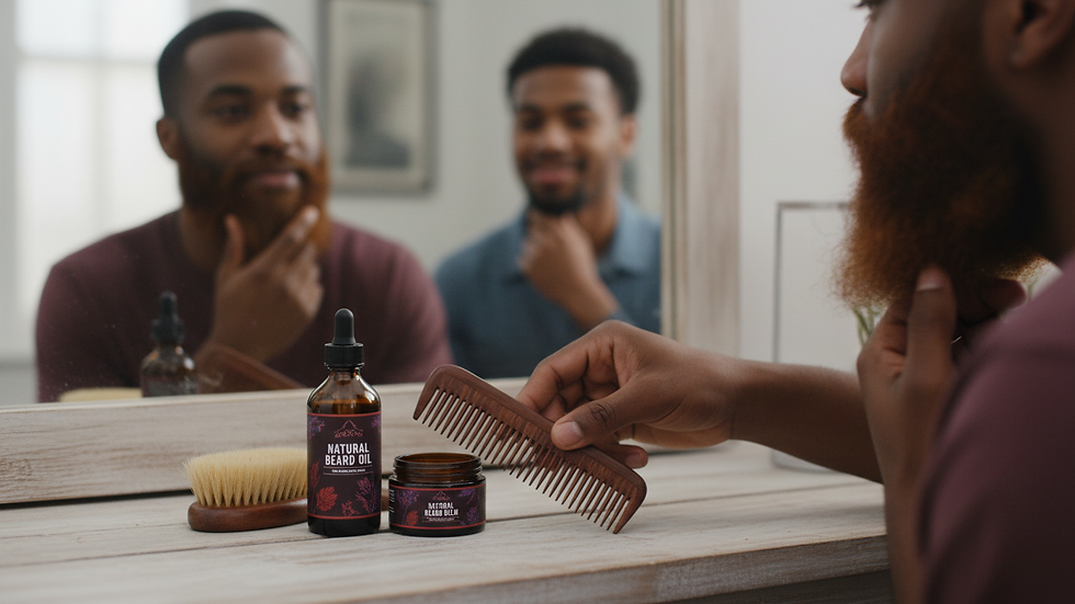 Eye-level view of beard grooming kit with natural oils and comb