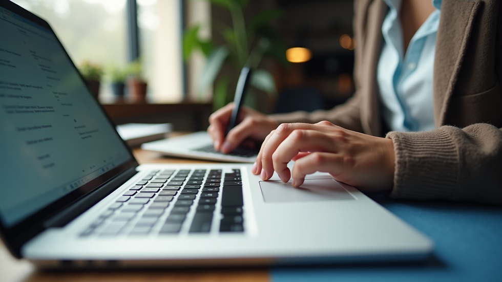 Eye-level view of a person using a laptop to fill out an online form