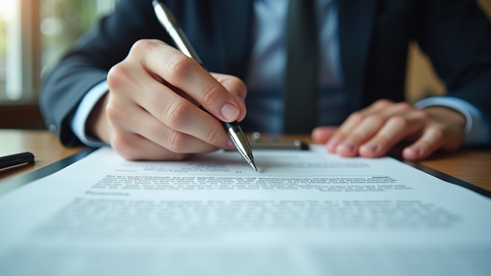 Close-up view of a person filling out legal documents with a pen on a desk