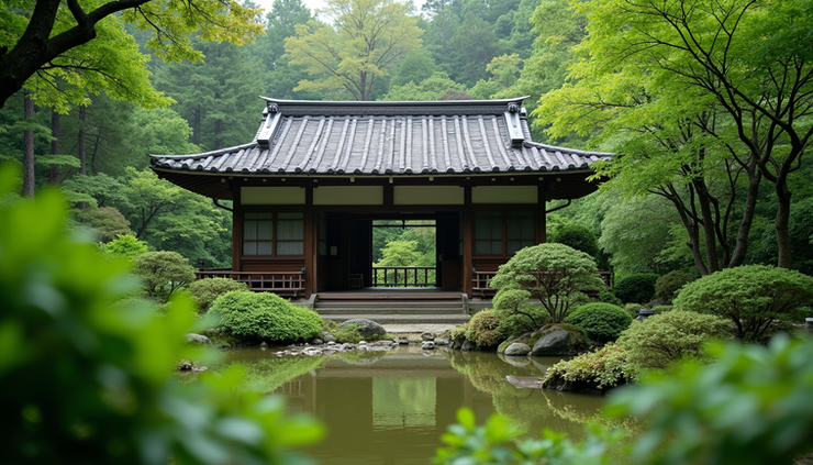 Eye-level view of a traditional Japanese tea house surrounded by lush greenery