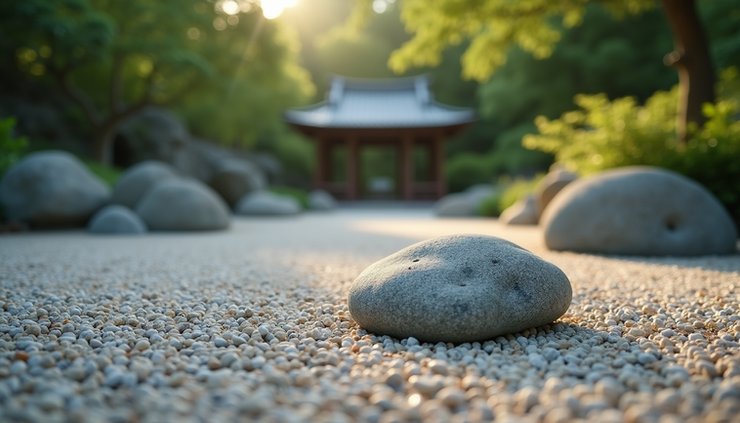 Close-up view of a Zen rock garden with raked gravel and stones