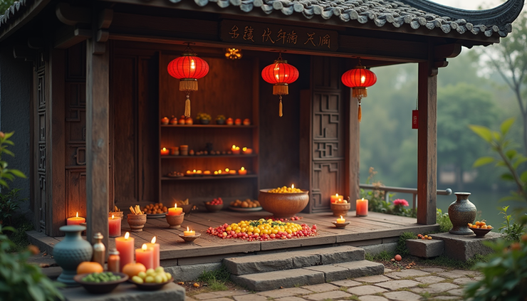 Eye-level view of a traditional Vietnamese spirit house adorned with offerings