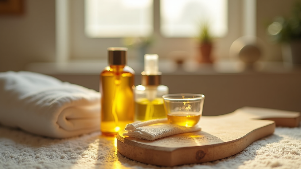 Close-up view of massage oils and tools arranged neatly