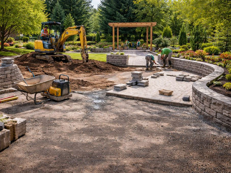 Construction crew uses an excavator and stone pavers to build a tiered patio landscape