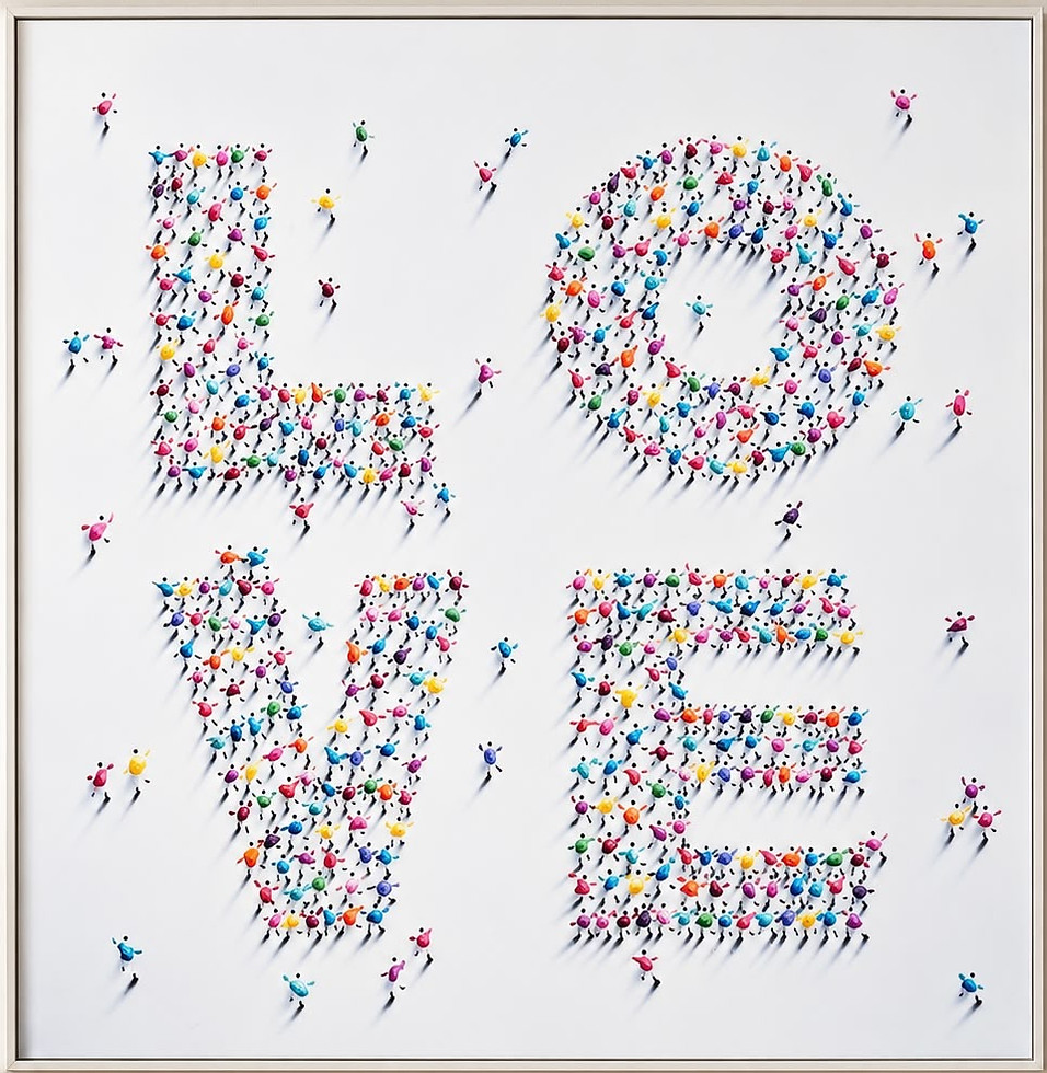 Colorful LOVE artwork made of tiny human figures by Sarah Knafo.