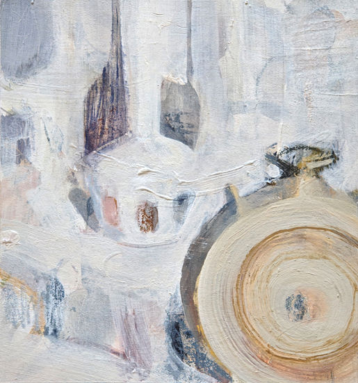 Whispering Vessels, still life with layered forms emerging as silhouettes of vessels, acrylic on paper, Maria Papadopoulou.