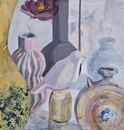 Still Life with Bird, painting of vessels and a small ceramic bird, Maria Papadopoulou  