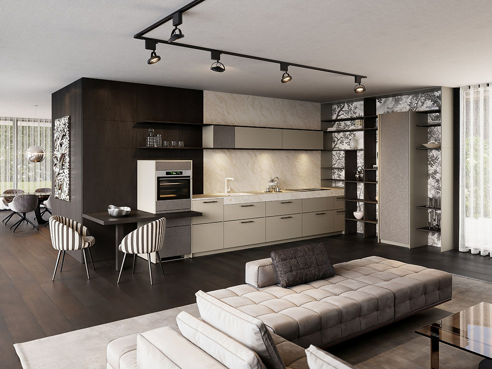 Modern open-plan kitchen and living room with beige sectional, dark cabinets, striped chairs, and track lighting.