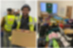 Construction workers in safety vests hold charity boxes. Beside, toiletries and food items are displayed on a table under a charity sign.
