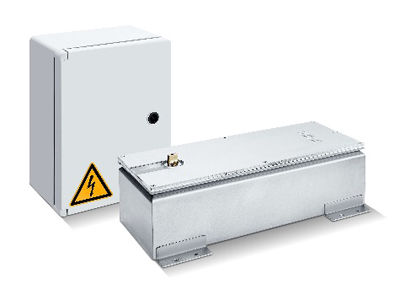 Metal electrical boxes on a white background; one has a yellow caution symbol with a lightning bolt. Both are closed and appear industrial.