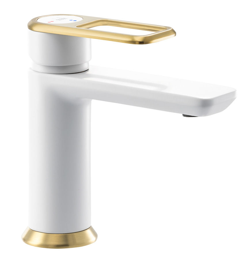 White and gold faucet with a minimalist design, featuring a sleek lever handle. Bright, modern aesthetic against a plain background.