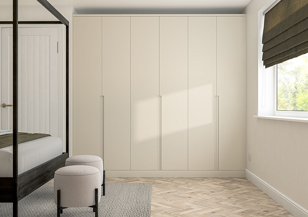 Minimalist bedroom with beige wardrobes, two cushioned stools, and a canopy bed. Sunlight streams through a green-shaded window.