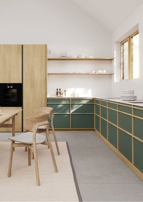 Modern kitchen with green cabinets and wooden shelves, sunlight streaming through window. Neutral tones, clean design, calm atmosphere.