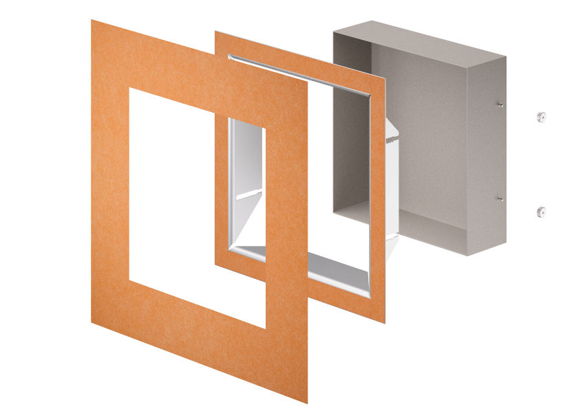 Exploded 3D view of orange rectangular frame and gray box hardware on a white background, with no text visible.