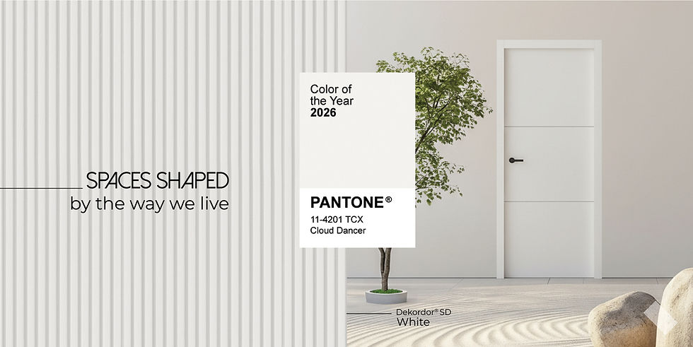 Vertical striped wall, text reads "SPACES SHAPED by the way we live." A plant, white door, and Pantone color 2026, Cloud Dancer, displayed.