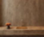 Minimalist stone kitchen counter with gold sink and faucet, and a bowl of oranges on a pedestal, in warm earthy tones.