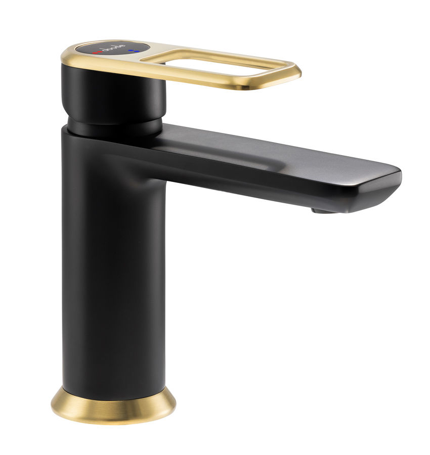 Sleek black and gold faucet with a modern design on a white background, featuring red and blue indicator on the handle.