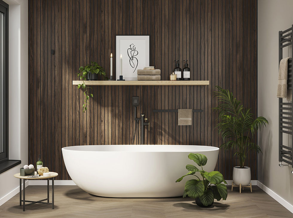 Modern bathroom with a white oval tub against a dark wood wall. Shelf holds candles and plants. Potted plants and rack of towels nearby. Cozy feel.