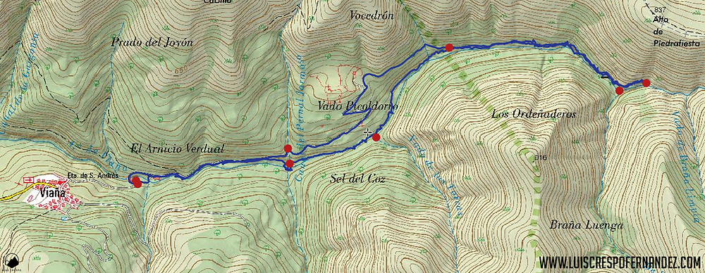 mapa con el recorrido ruta cascadas de viaña cabuérniga