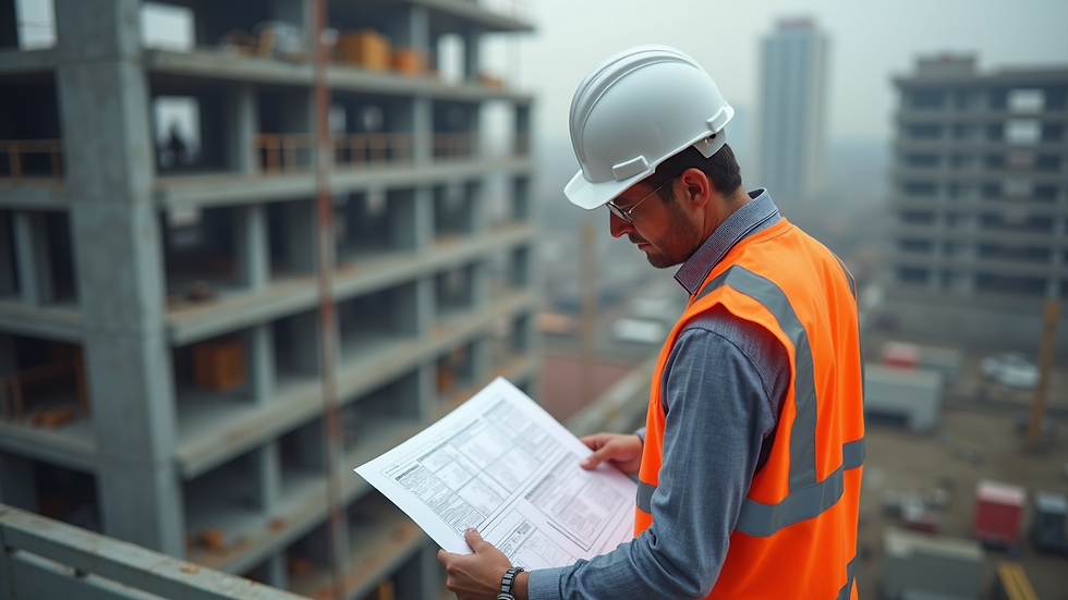 High angle view of construction manager reviewing blueprints on site