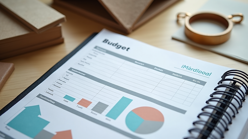 High angle view of a budget planner with home renovation materials