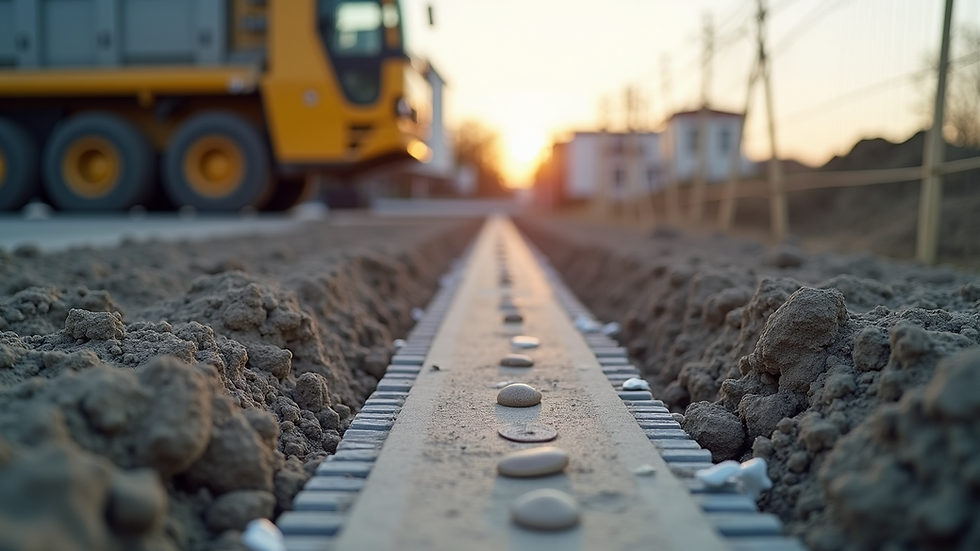Eye-level view of construction site with foundation work in progress