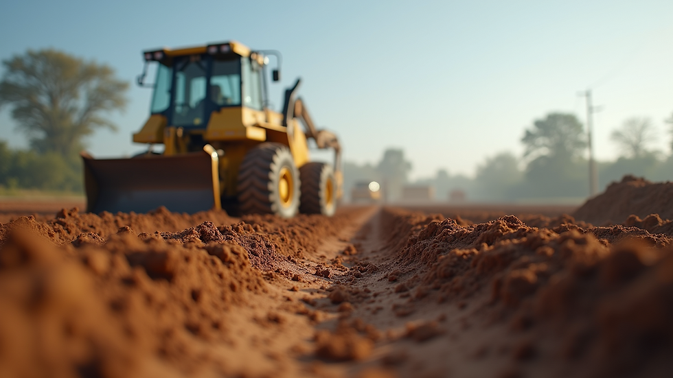 Eye-level view of construction site with heavy machinery preparing the ground