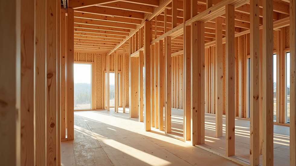 High angle view of wooden house framing under construction
