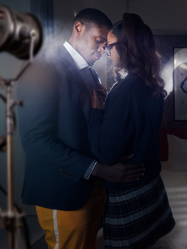 Couple poses intimately in a prom-themed fashion photoshoot at the Drake Hotel in Toronto