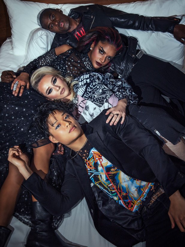 A group of goth teens pose in a prom-themed photoshoot at the Drake Hotel in Toronto.