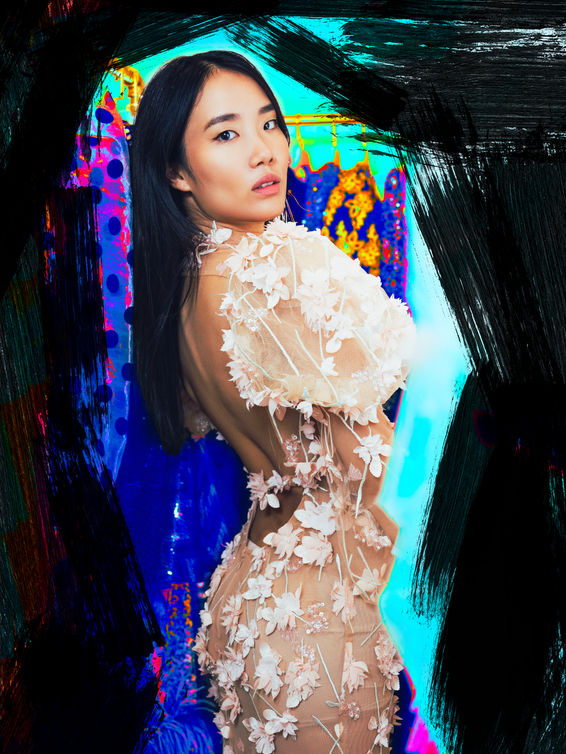 A colorful portrait of a girl wearing a designer dress in Toronto. 