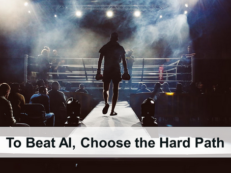 A boxer enters the ring in a smoky arena, backlit by bright lights. Text reads "To Beat AI, Choose the Hard Path." Audience watches.