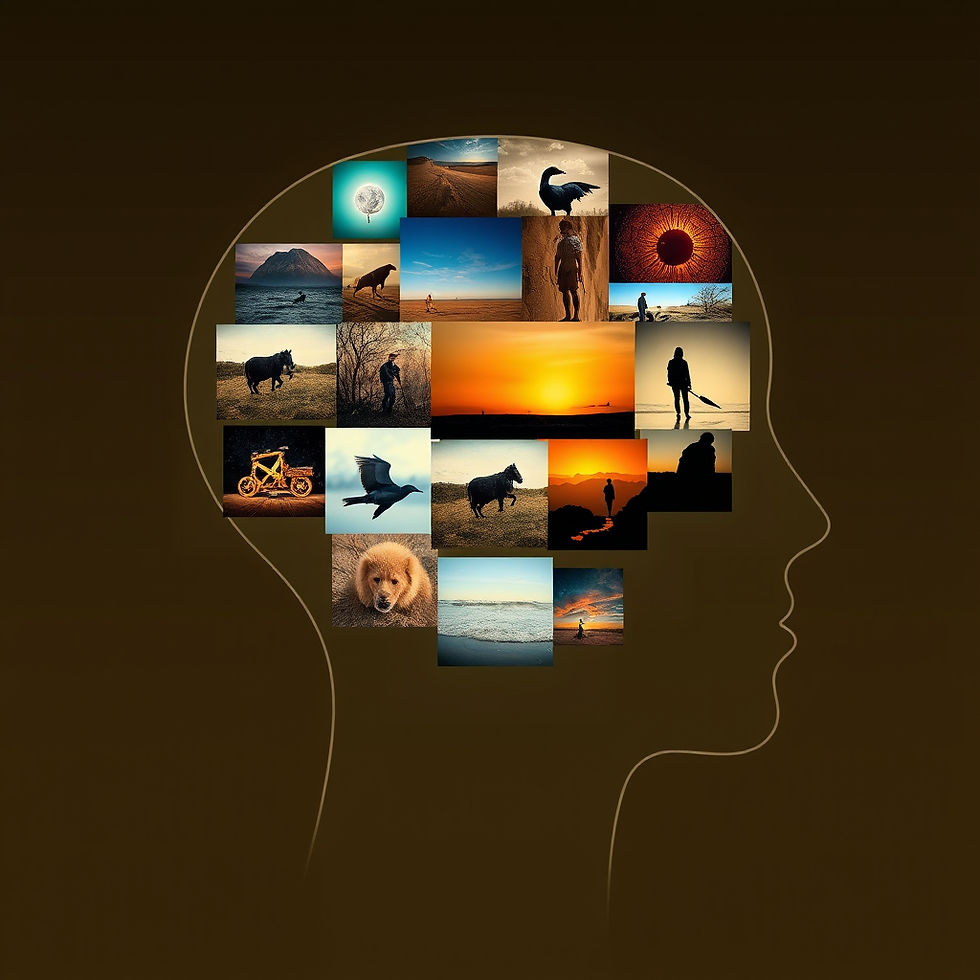 Outline of a head filled with diverse photos: animals, landscapes, people in nature. Warm color palette on a dark background.