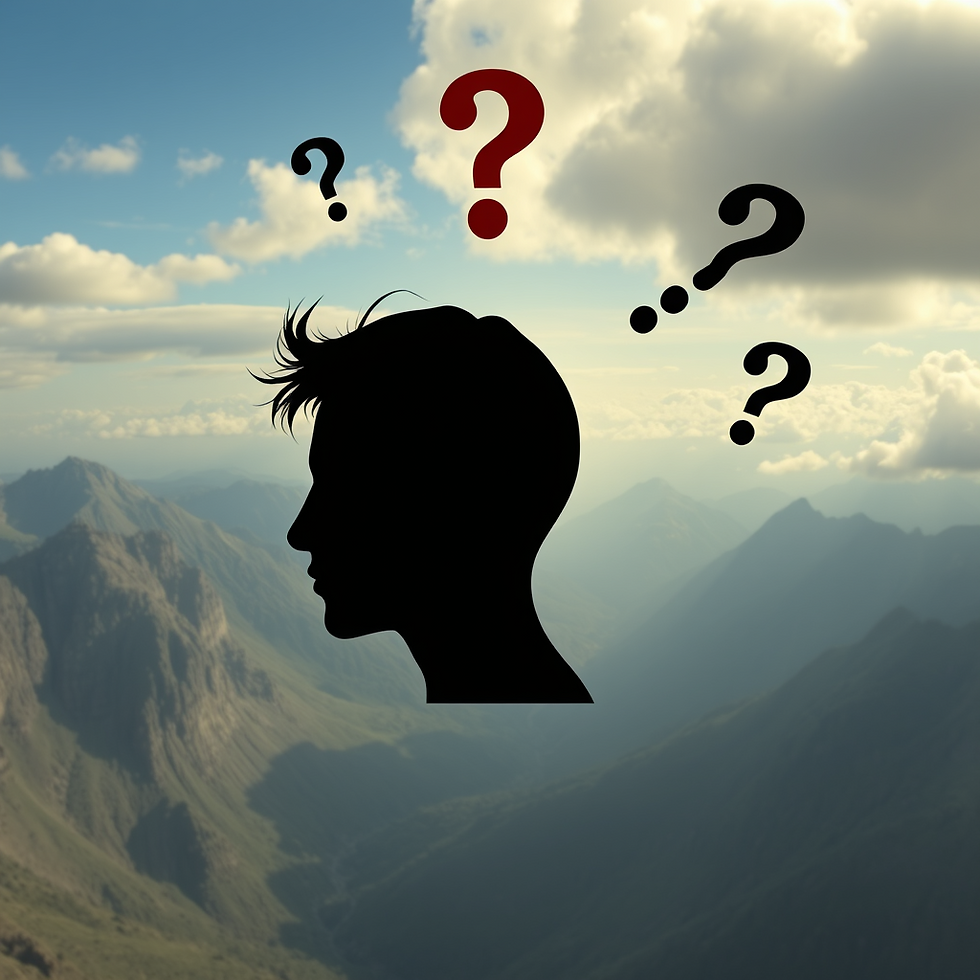 The image of a thinking person set against a natural background. SUggesting that the world is far more confusing that we think it is