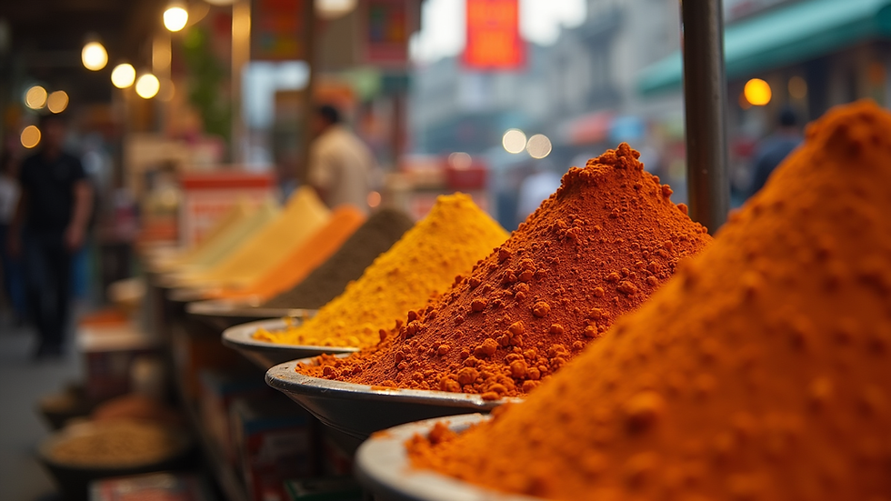 Eye-level view of a colorful spice market filled with various spices