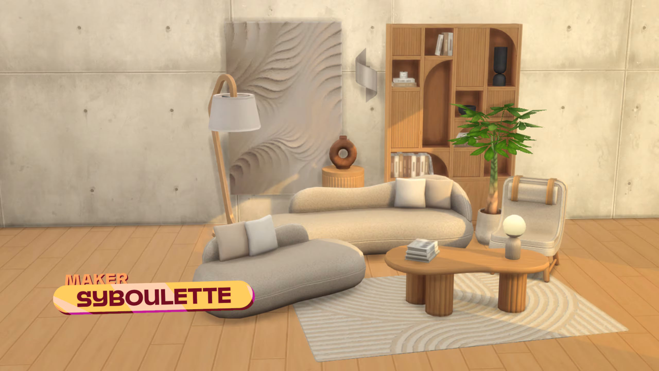 Salon moderne avec canapé arrondi et table basse du set Snazzy Living Room de Syboulette dans Les Sims 4.