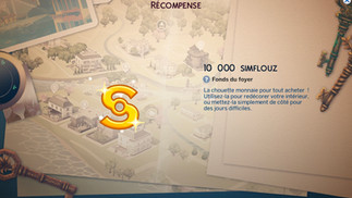 écompense Héritages Perdus dans Les Sims 4 : 10 000 simflouz ajoutés aux fonds du foyer.